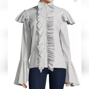 Caroline Constas Marla Stripe Button-down Bell-Sleeve Cotton Shirt Size S